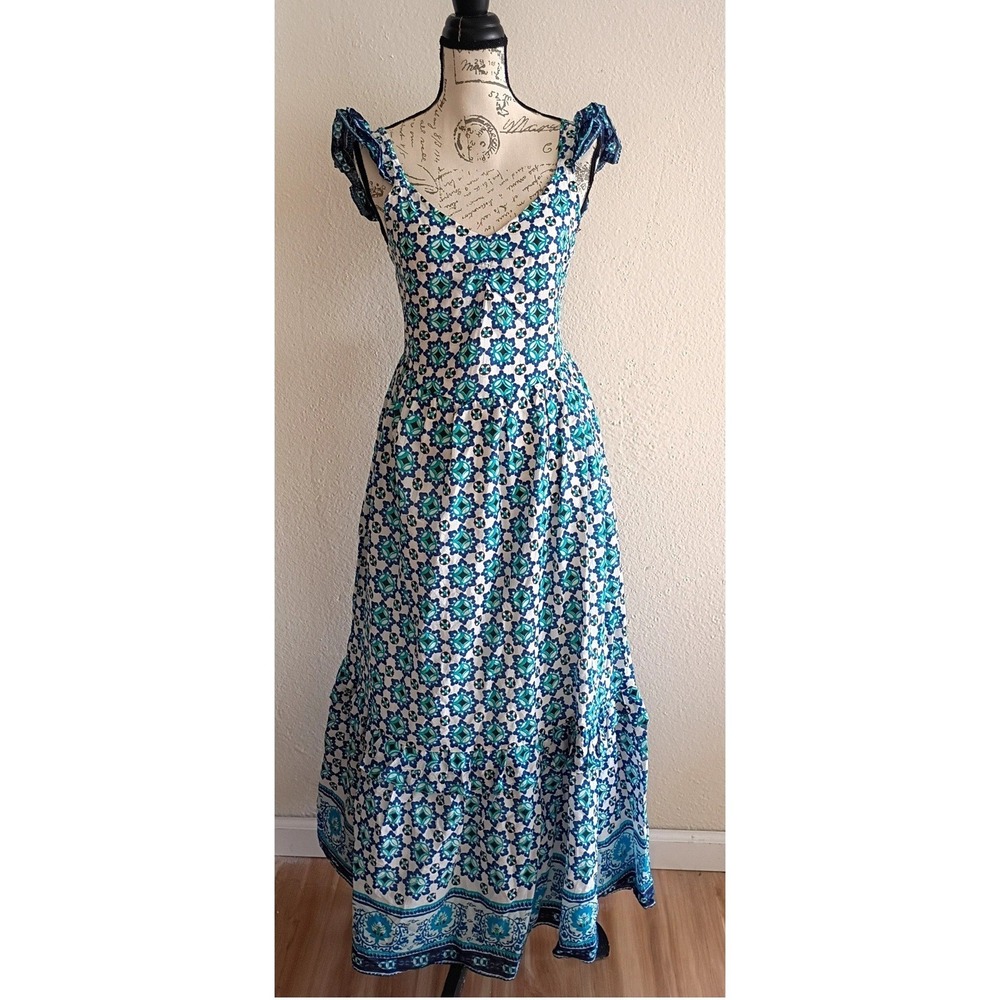 Lucky Brand Blue Green Floral Tile Print Ruffle Tiered Maxi Dress XS Cotton